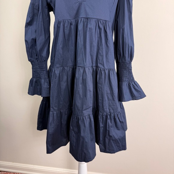 Pomander Place Kenzo Poplin Mini Dress Navy Blue Cotton Smocked Puff Sleeve Med. - Picture 7 of 8